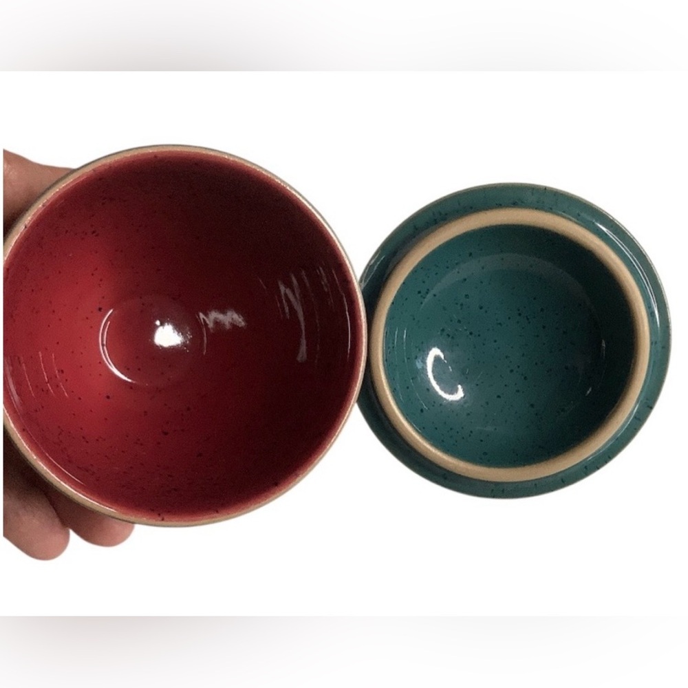 Vintage Denby England Harlequin Stoneware Sugar & Creamer Set Red Navy and Green - Picture 10 of 10